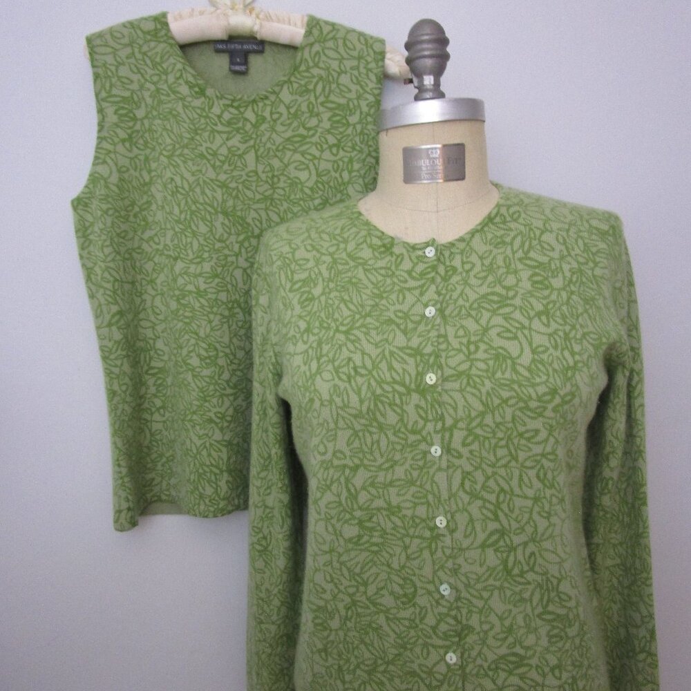 CASHMERE Cardigan Sweater Twin Set Green Leaf Knit Pearl Button